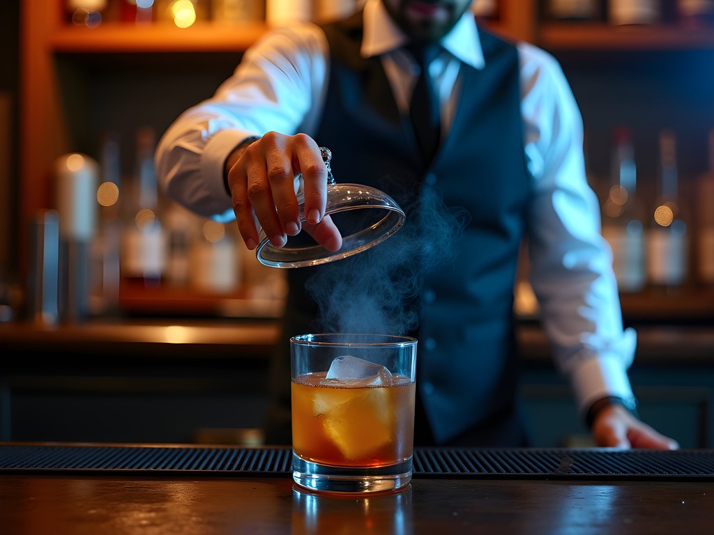 Sophisticated cocktail being served with smoke under a glass dome at Thompson's Bookstore speakeasy