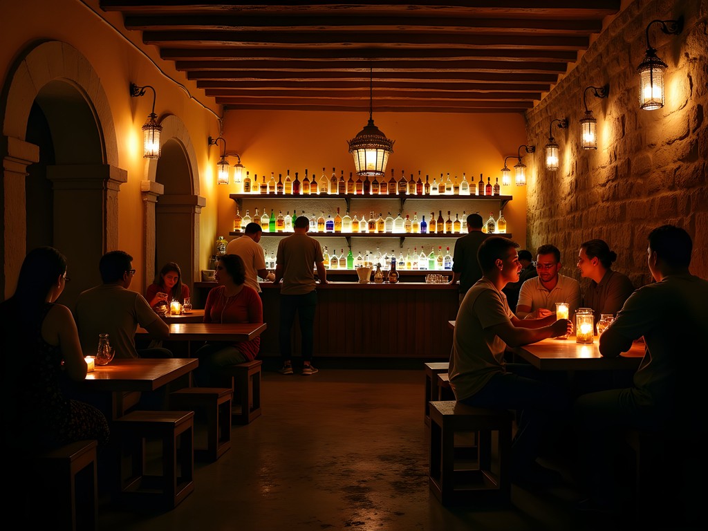 Candlelit interior of Café No Sé mezcal bar in Antigua Guatemala