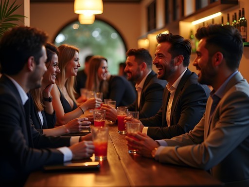 Well-dressed Guatemalan professionals socializing at upscale Zona Viva bar