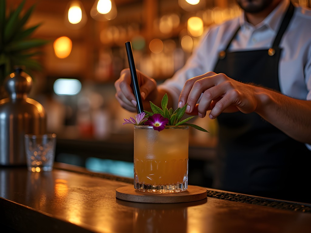 Eco-friendly cocktail preparation at sustainable bar in Antigua Guatemala