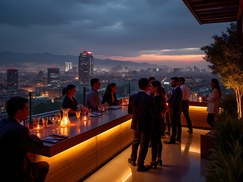 Panoramic view of Guatemala City's Zona Viva rooftop bar with city lights