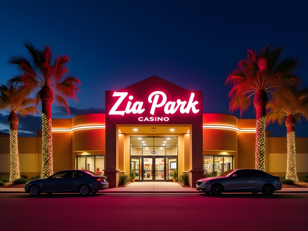 Illuminated entrance of Zia Park Casino in Hobbs, New Mexico at night