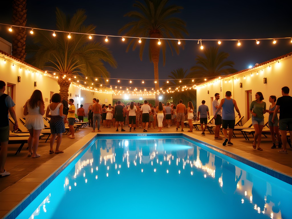 Vibrant hostel party scene with international travelers dancing around illuminated pool in Huacachina