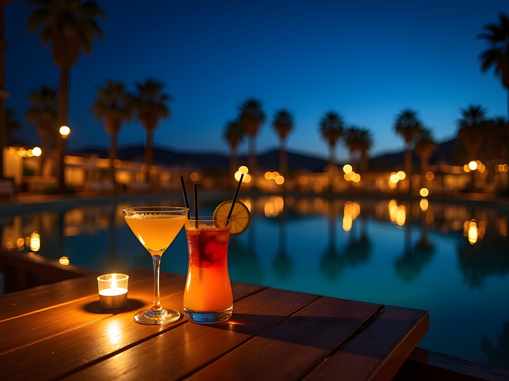 Colorful cocktails on table overlooking illuminated Huacachina lagoon at night with palm trees