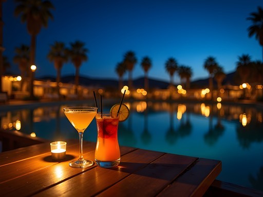 Colorful cocktails on table overlooking illuminated Huacachina lagoon at night with palm trees