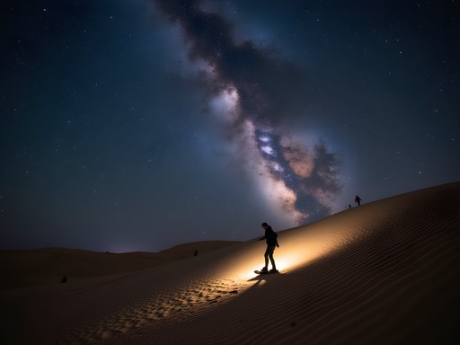 Silhouette of sandboarders against starry night sky in Huacachina desert with headlamps creating light trails