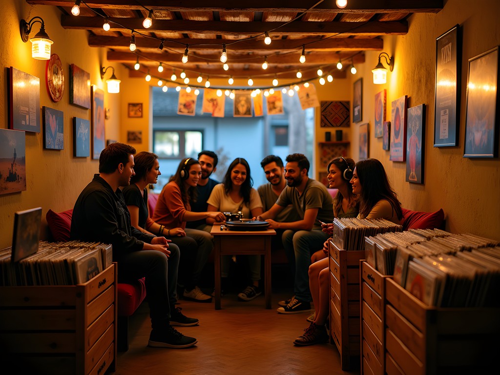 Intimate record listening party at Arena Sonora shop with travelers sharing music in Huacachina
