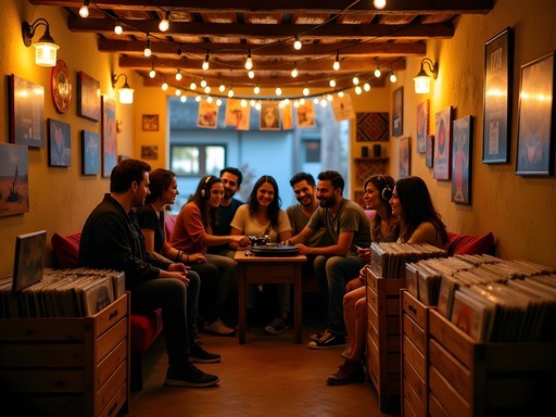 Intimate record listening party at Arena Sonora shop with travelers sharing music in Huacachina