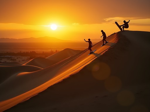 Sandboarders silhouetted against vibrant orange and purple sunset over Huacachina sand dunes