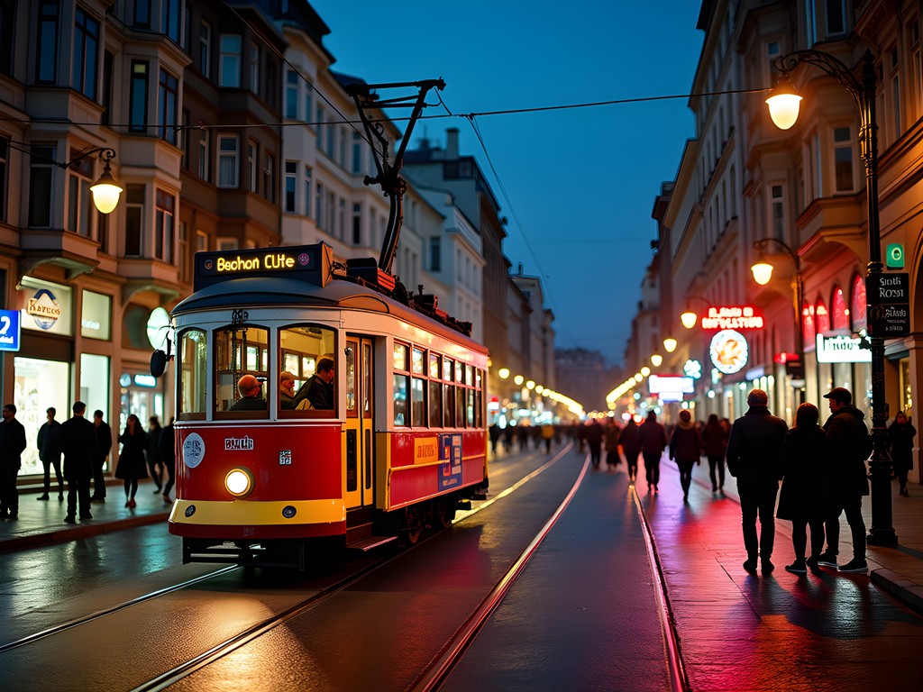 Bustling Istiklal Avenue in Istanbul at night with colorful lights and crowds