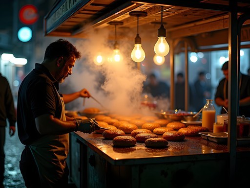 Bustling late-night street food scene in Istanbul with vendors and customers