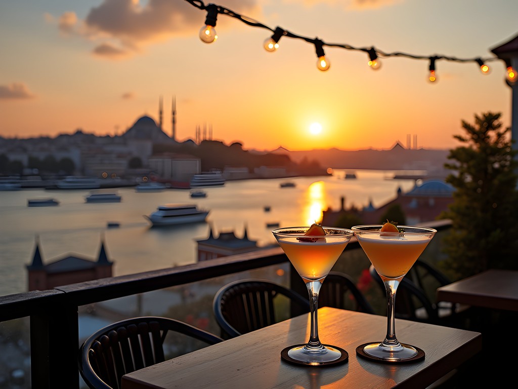 Stunning view of Istanbul and the Bosphorus from a rooftop bar at sunset