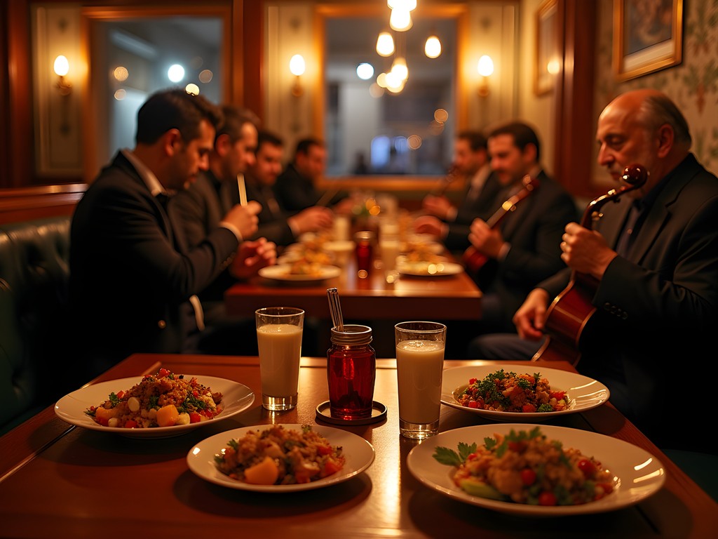 Traditional Turkish meyhane with rakı glasses, mezze plates, and musicians