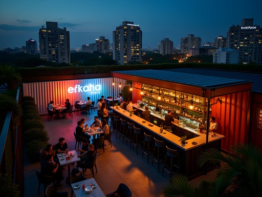 Vibrant night scene at BART rooftop bar in Jakarta with shipping container design
