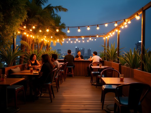 Intimate hidden rooftop bar in Jakarta with string lights and lush plants