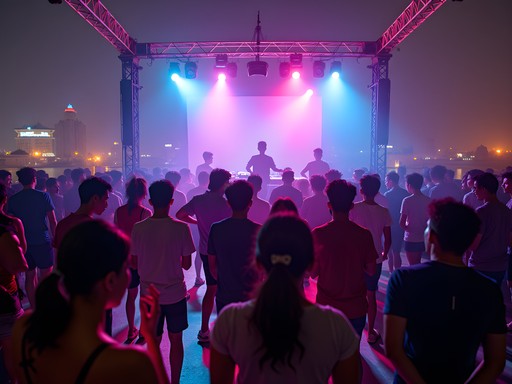 Energetic nightclub scene on a Jakarta rooftop with DJ and dancing crowd