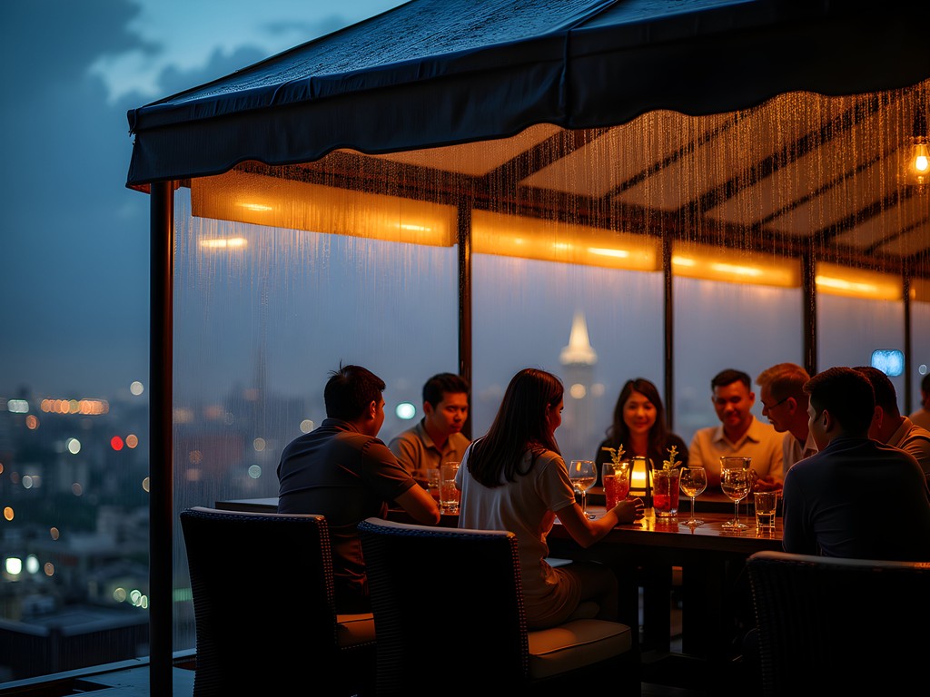 Jakarta rooftop bar during tropical rain with covered seating area