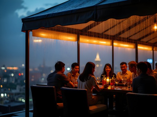 Jakarta rooftop bar during tropical rain with covered seating area