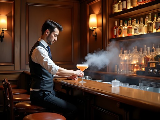 Elegant speakeasy-style cocktail bar in Jersey City with bartender preparing craft drinks