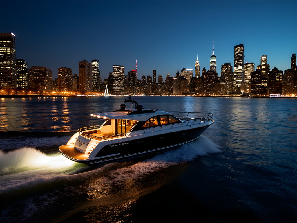 Luxury water taxi crossing Hudson River at night with Jersey City and Manhattan skylines