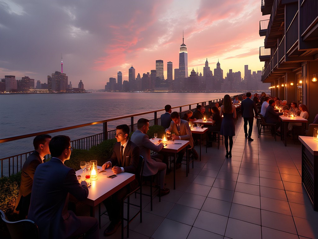 Luxury rooftop bar in Jersey City with dramatic Manhattan skyline views at sunset