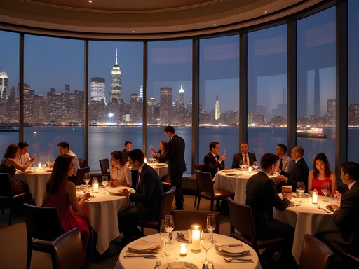 Elegant waterfront restaurant in Jersey City with nighttime Manhattan skyline views