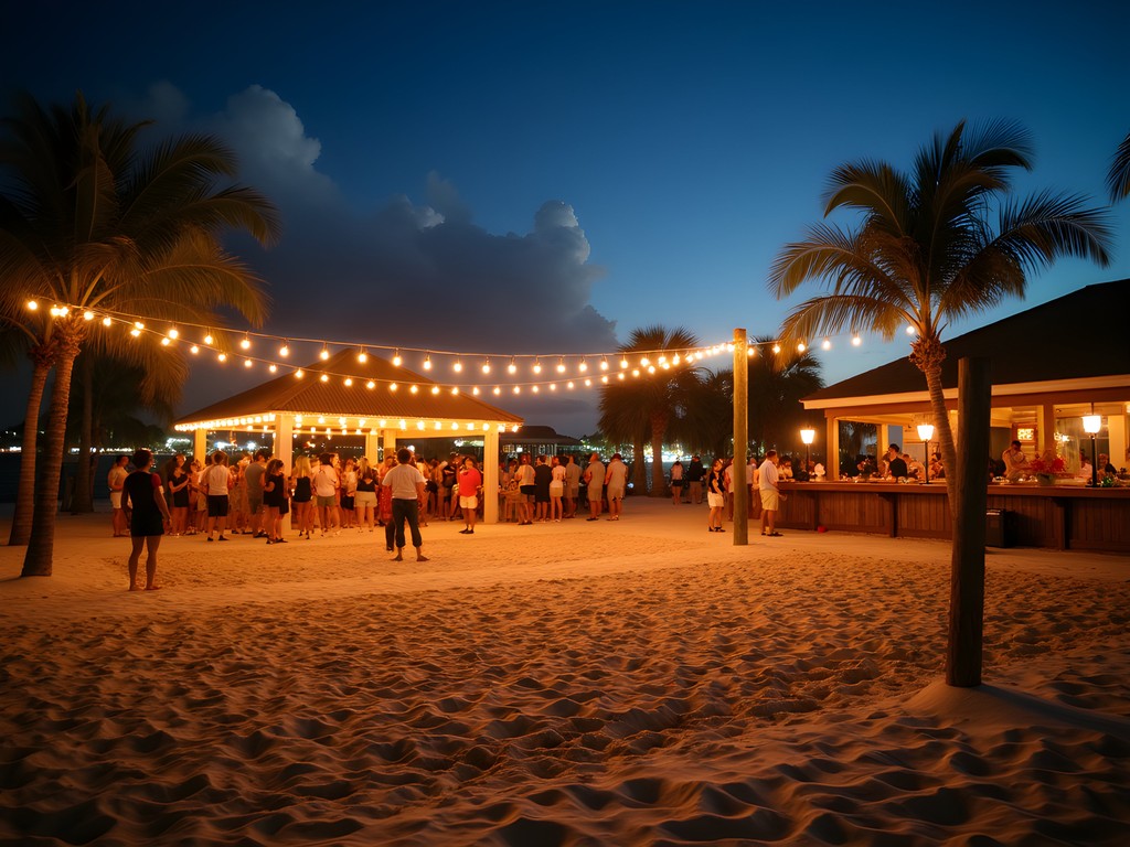 Nighttime beach volleyball courts at Coconut Beach in Kenner with tiki bar