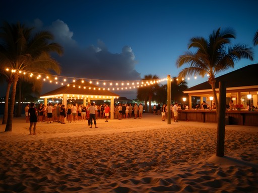Nighttime beach volleyball courts at Coconut Beach in Kenner with tiki bar