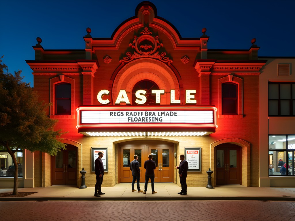 Historic Castle Theatre illuminated at night in Kenner's Rivertown district