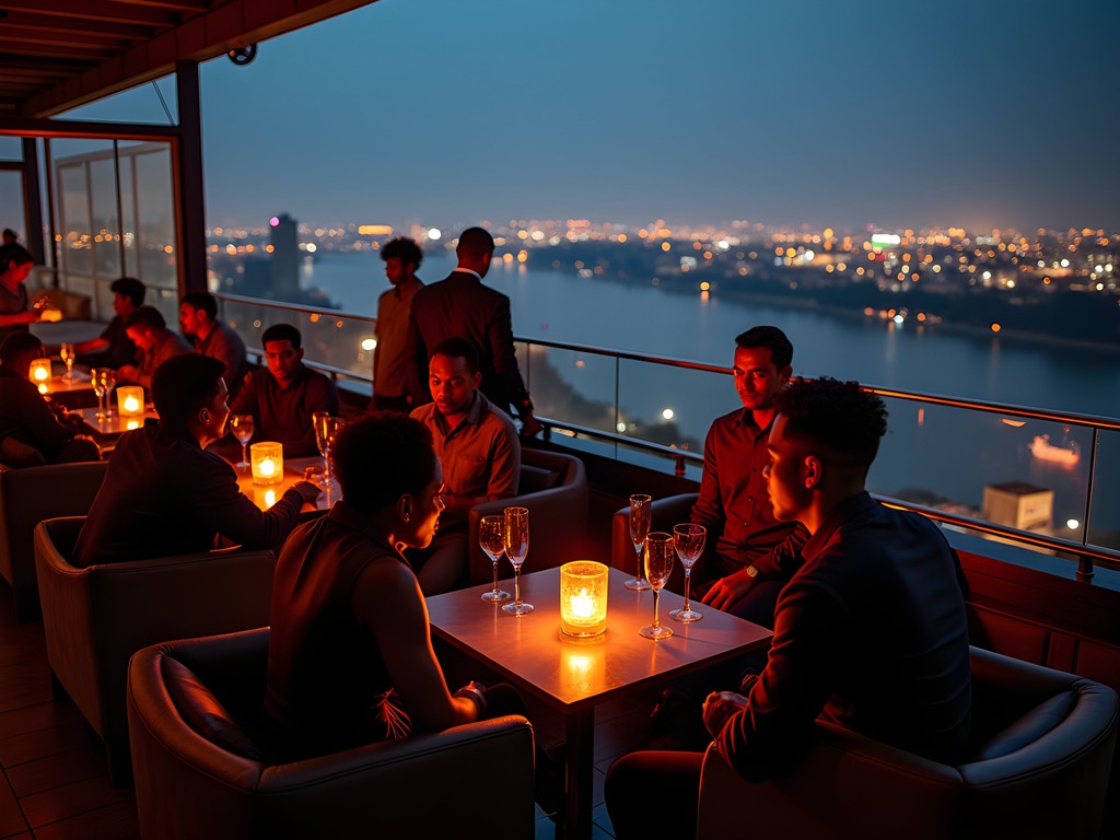Panoramic view of Kinshasa at night from Le Rooftop venue