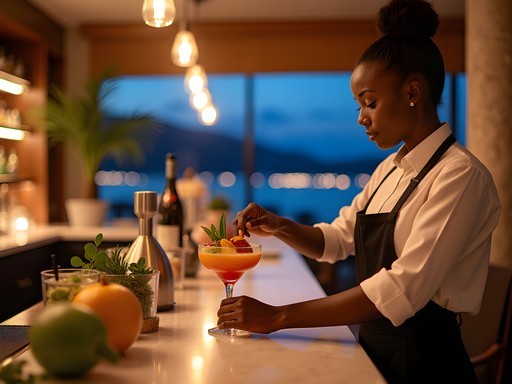 Elegant craft cocktail being prepared at upscale Kisumu lounge with Lake Victoria backdrop