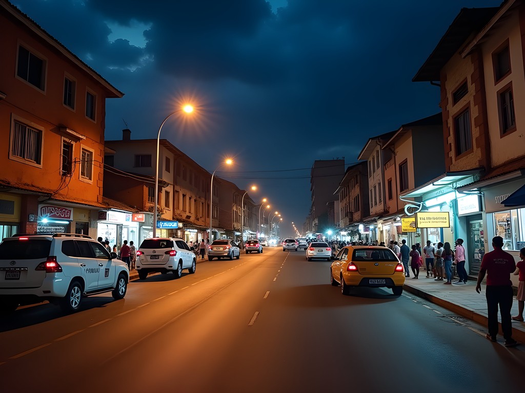 Safe transportation options in Kisumu at night showing illuminated streets and local taxis