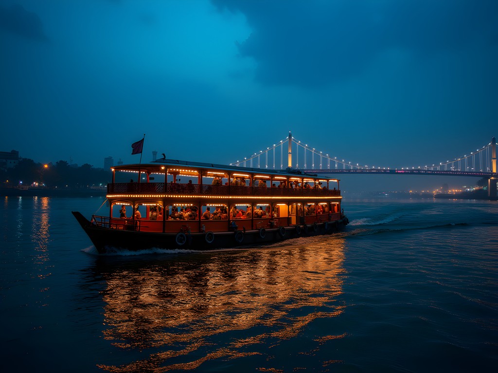 Evening boat cruise on Hooghly River with illuminated Howrah Bridge in background