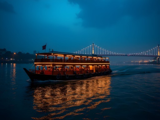 Evening boat cruise on Hooghly River with illuminated Howrah Bridge in background