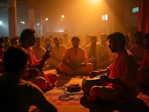 Traditional Baul musicians performing in atmospheric North Kolkata venue with audience seated on floor