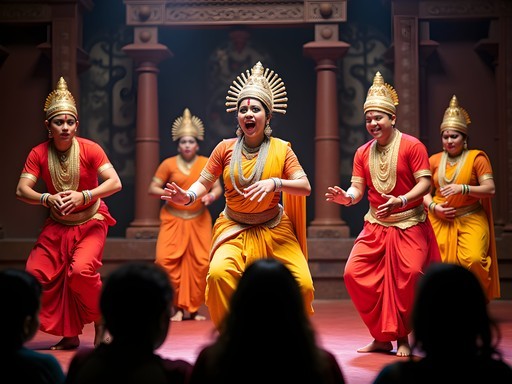 Colorful traditional Jatra folk theater performance in Kolkata with elaborate costumes and engaged audience