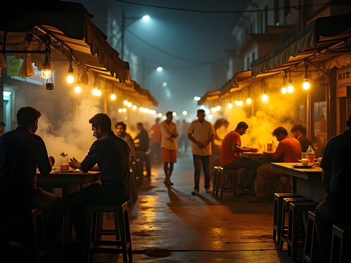 Bustling late-night street food scene in Dacres Lane, Kolkata with vendors and diverse customers