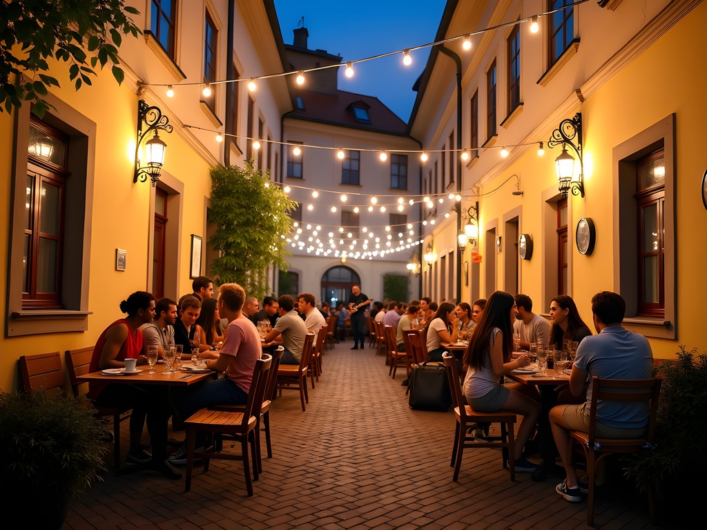Vibrant night scene in Kazimierz district courtyard with string lights