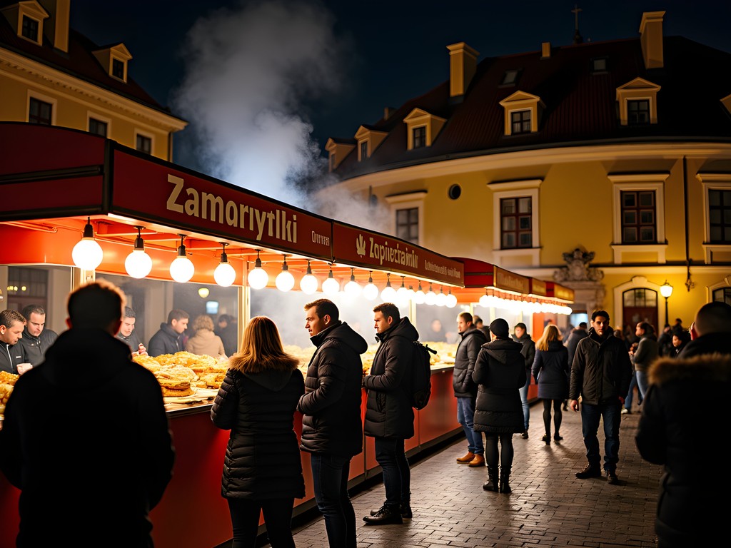 Late night food scene at Plac Nowy with people enjoying zapiekanki in Krakow