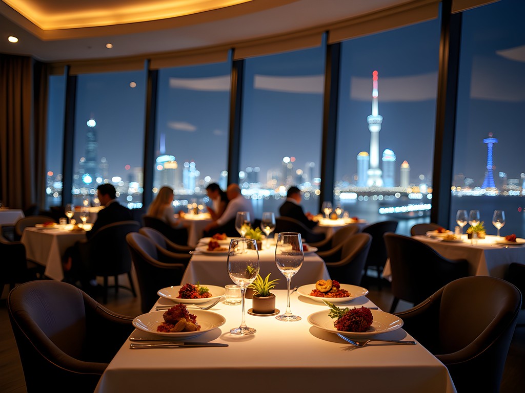 Elegant rooftop restaurant dining with Kuwait City skyline views at night