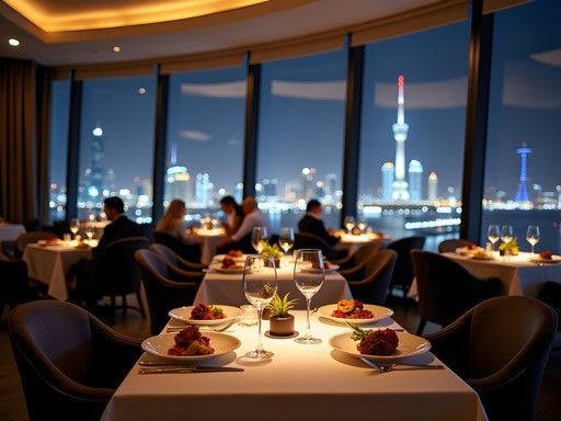 Elegant rooftop restaurant dining with Kuwait City skyline views at night