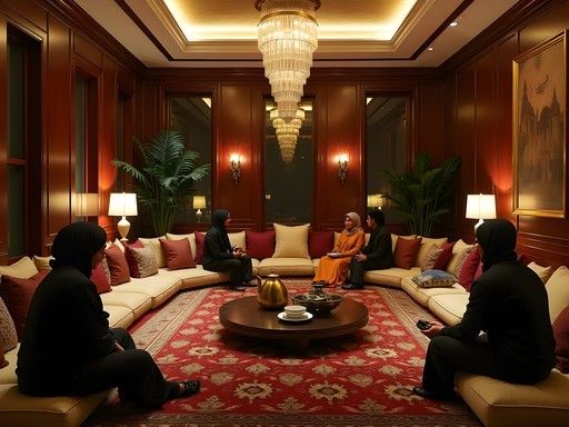 Modern diwaniya gathering in Kuwait City with international and local guests