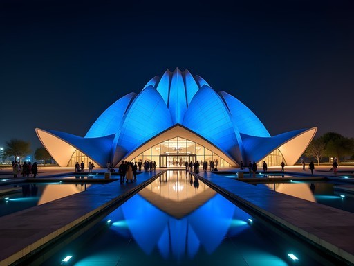 Sheikh Jaber Al-Ahmad Cultural Centre illuminated at night in Kuwait City