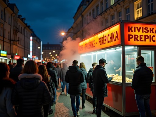 Late night crowd at Kyivska Perepichka street food stand in Kyiv