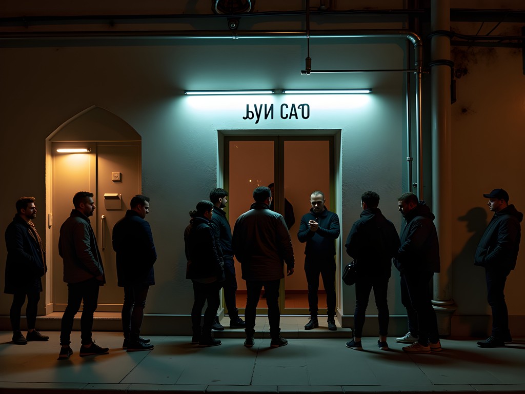 Subtle entrance to an exclusive Kyiv nightclub with doorman checking guests