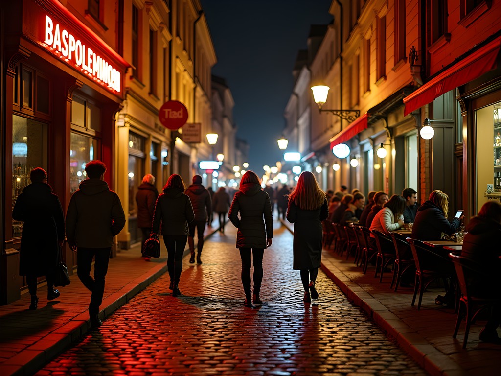 Cobblestone streets of Kyiv's Podil district illuminated at night with locals heading to bars