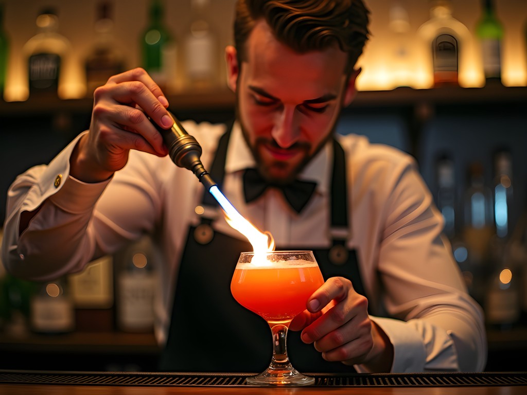 Bartender crafting an elaborate cocktail at a hidden Kyiv speakeasy