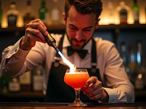 Bartender crafting an elaborate cocktail at a hidden Kyiv speakeasy