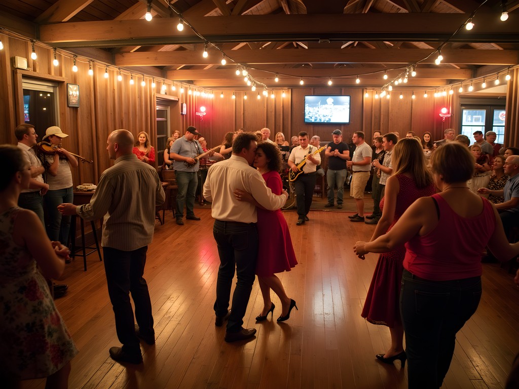 Couples dancing traditional Cajun two-step at La Poussière dance hall in Lafayette