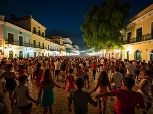 Multigenerational dancing at Plaza Martiana in Las Tunas Cuba at night
